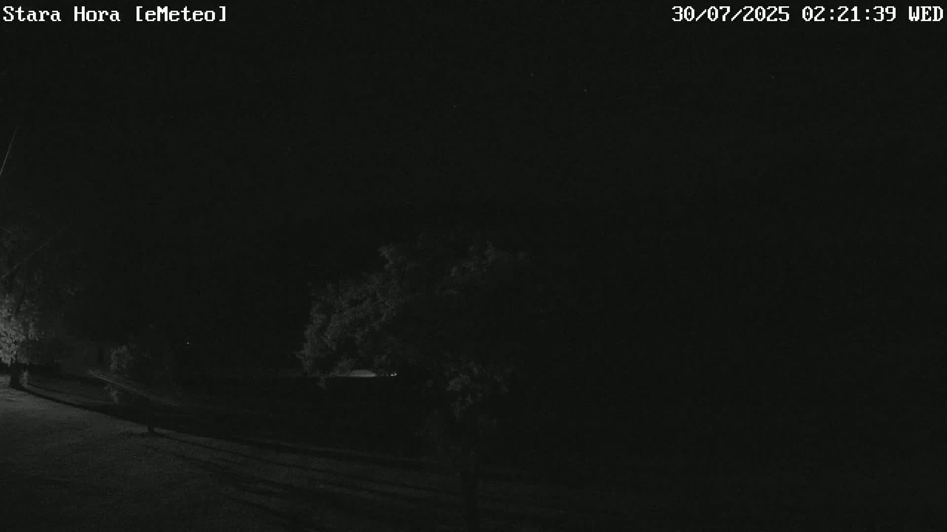 A dark, nighttime outdoor scene shows a faint glow on the horizon.