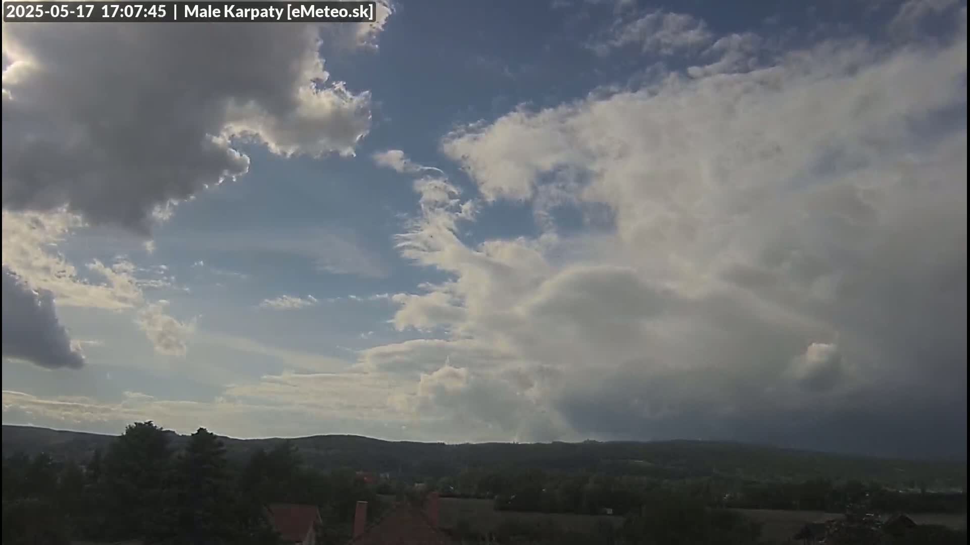 A partly cloudy sky over a landscape of green hills and trees.