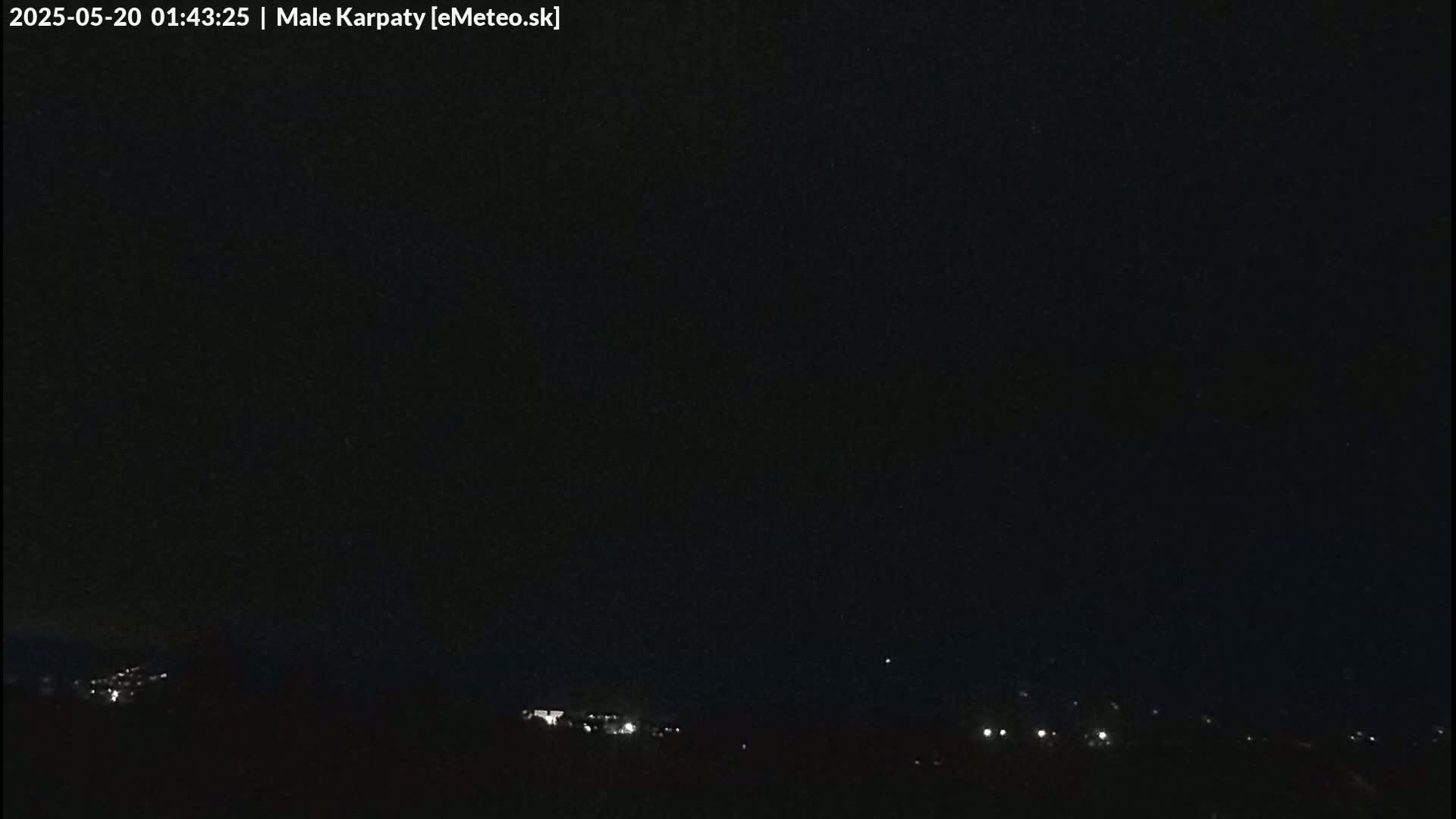A nighttime long shot shows a dark sky over a distant line of dimly lit buildings.