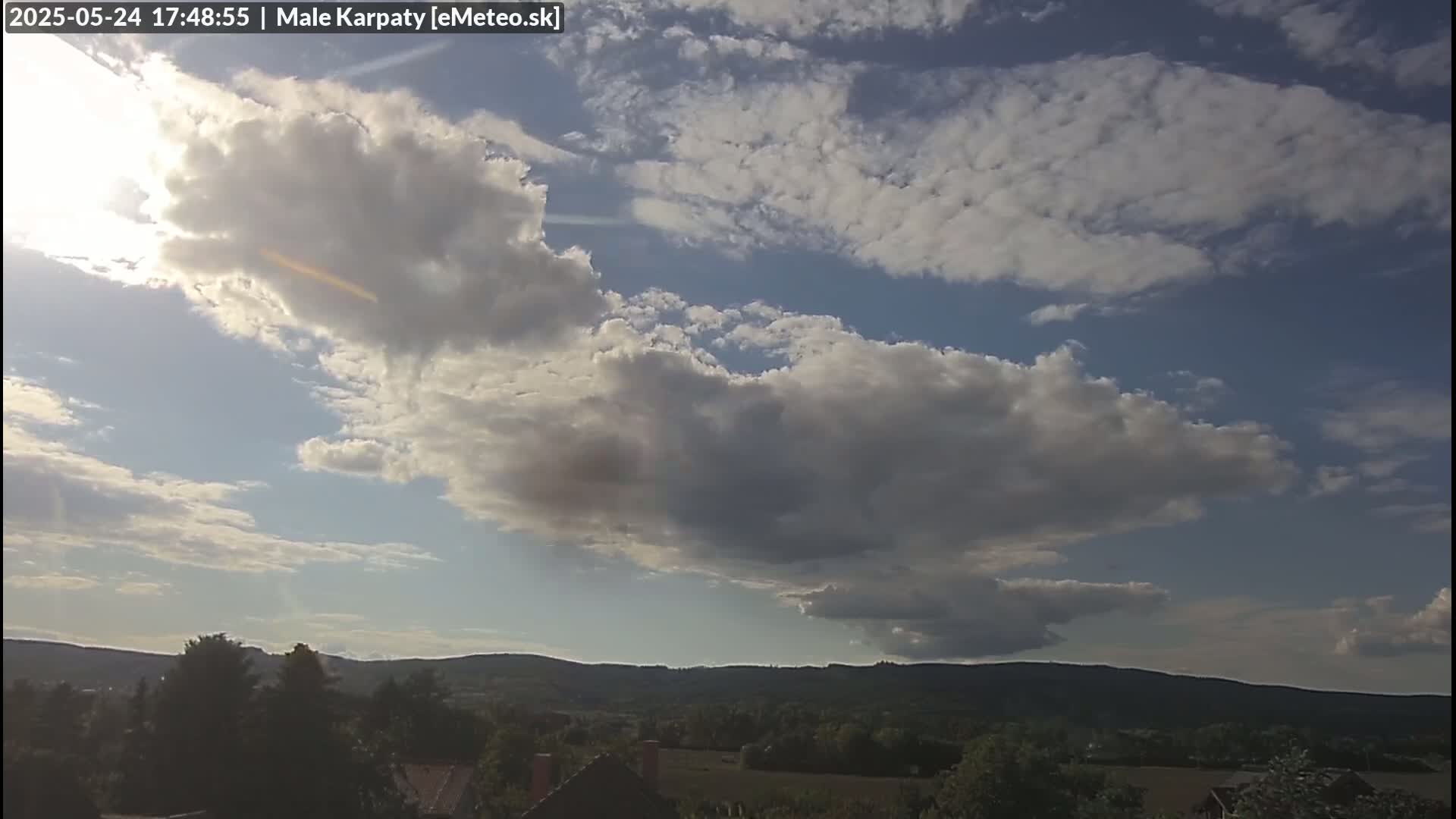 A partly sunny sky with puffy cumulus clouds hangs over a landscape of rolling green hills and trees.
