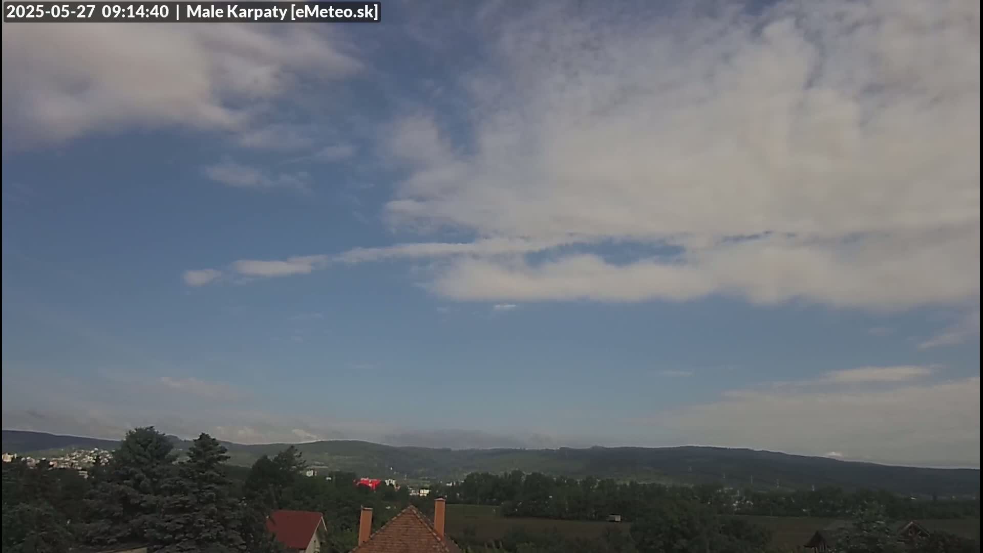 A partly cloudy sky overlooks a hilly landscape with green trees and houses.
