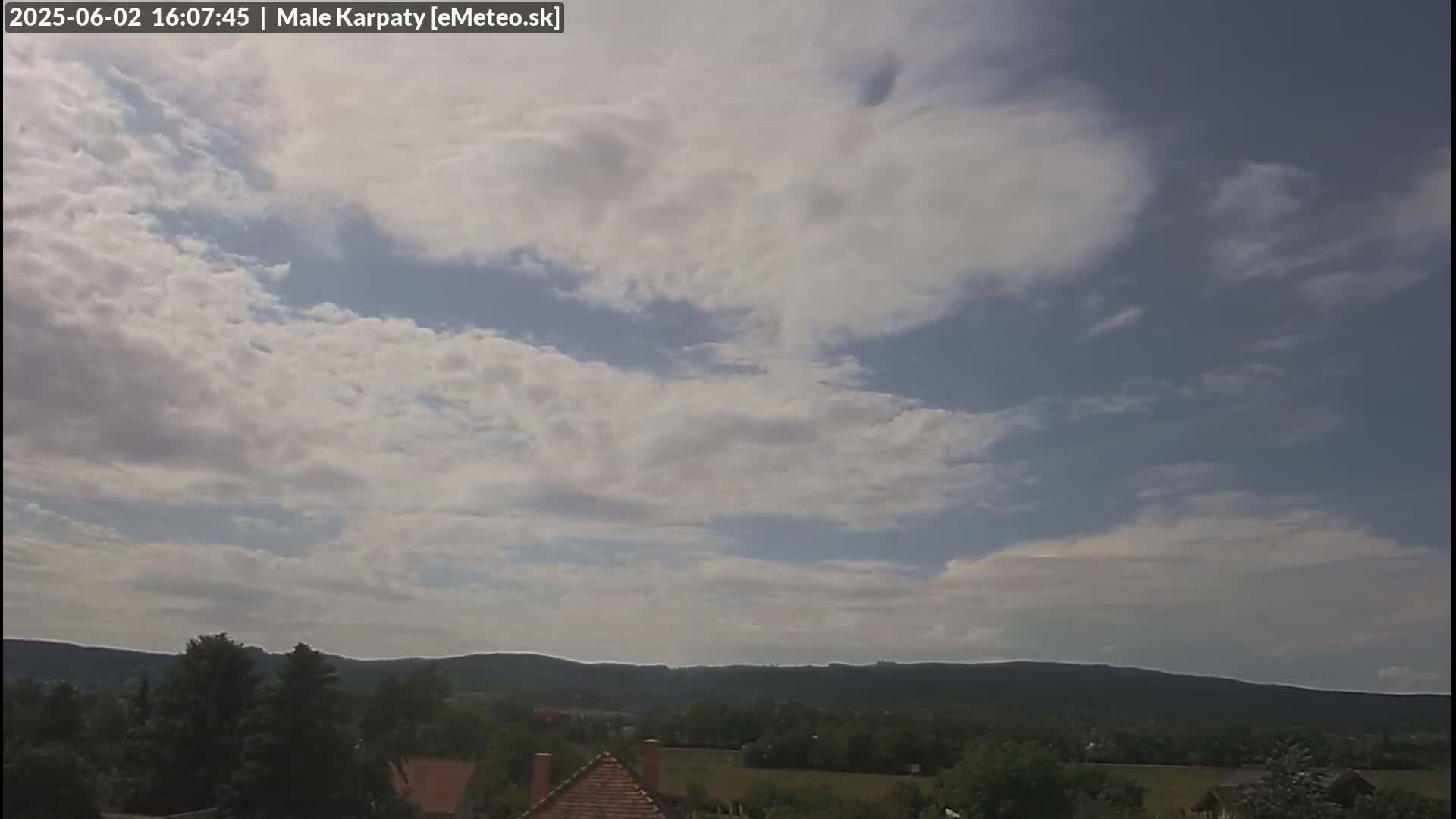 A partly cloudy sky over a landscape of rolling hills and trees.