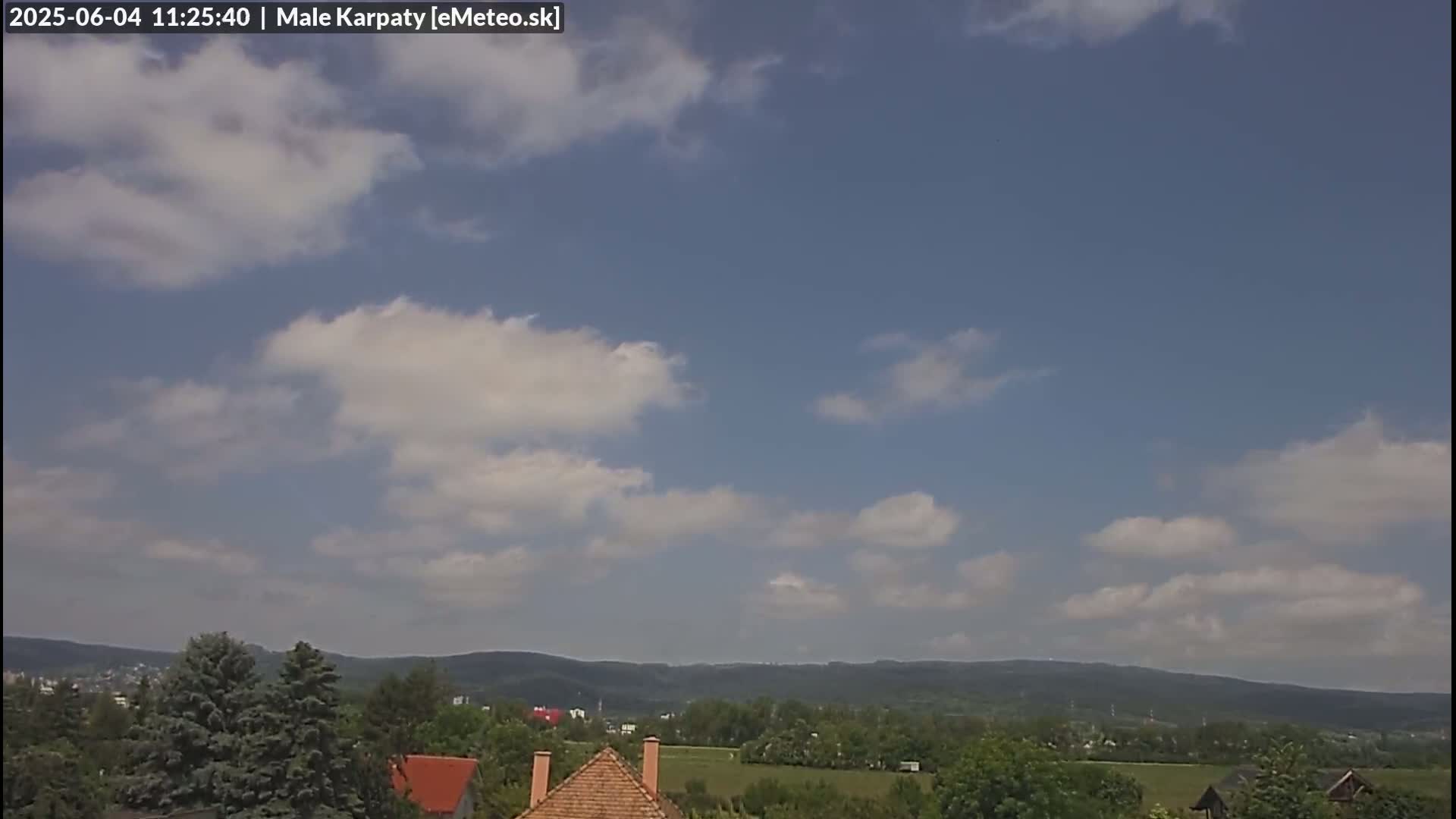 A partly cloudy sky overlooks a landscape of green hills, trees, and houses.