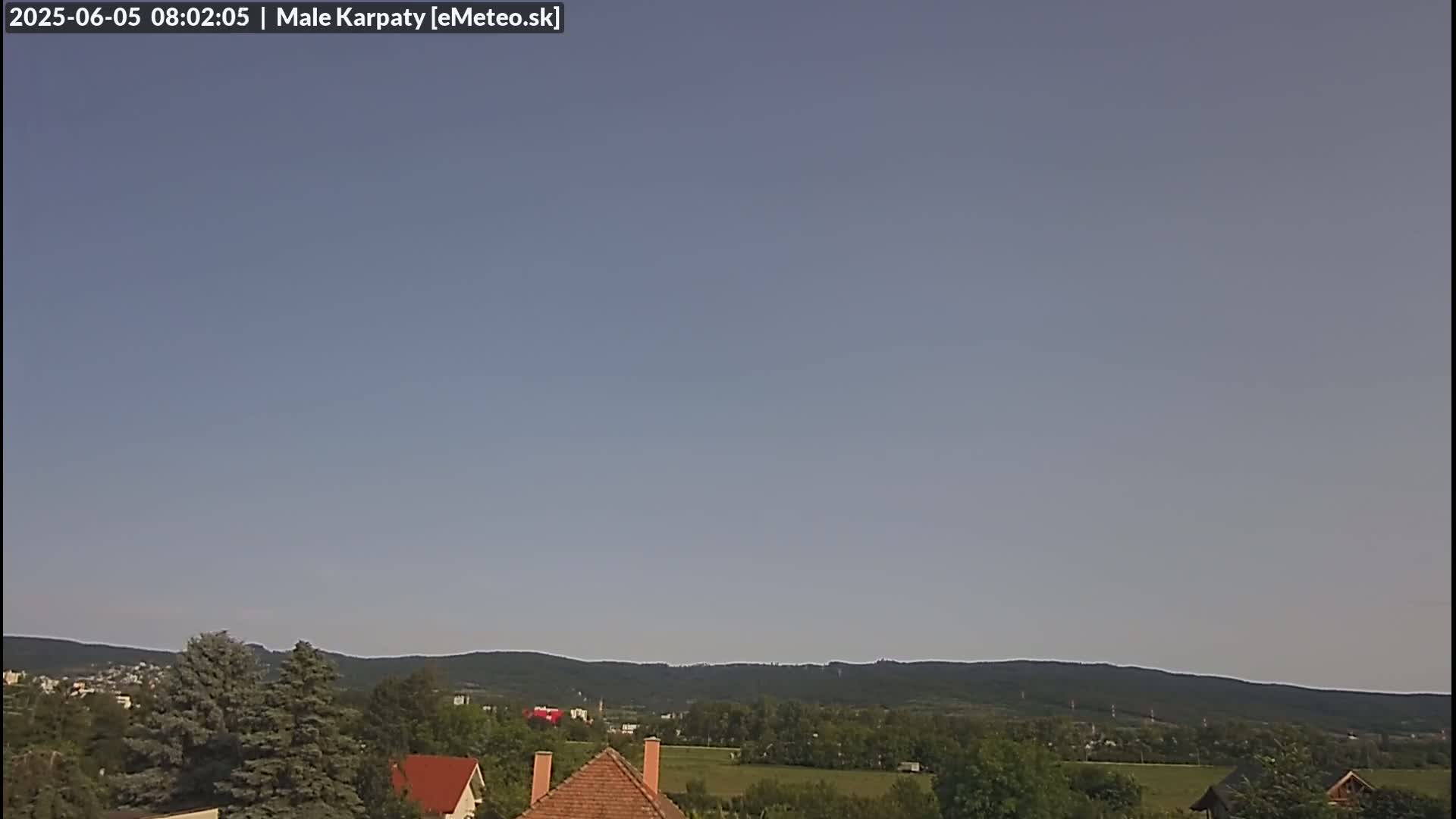 A mostly clear sky overlooks a line of trees and hills with a few houses visible in the foreground.