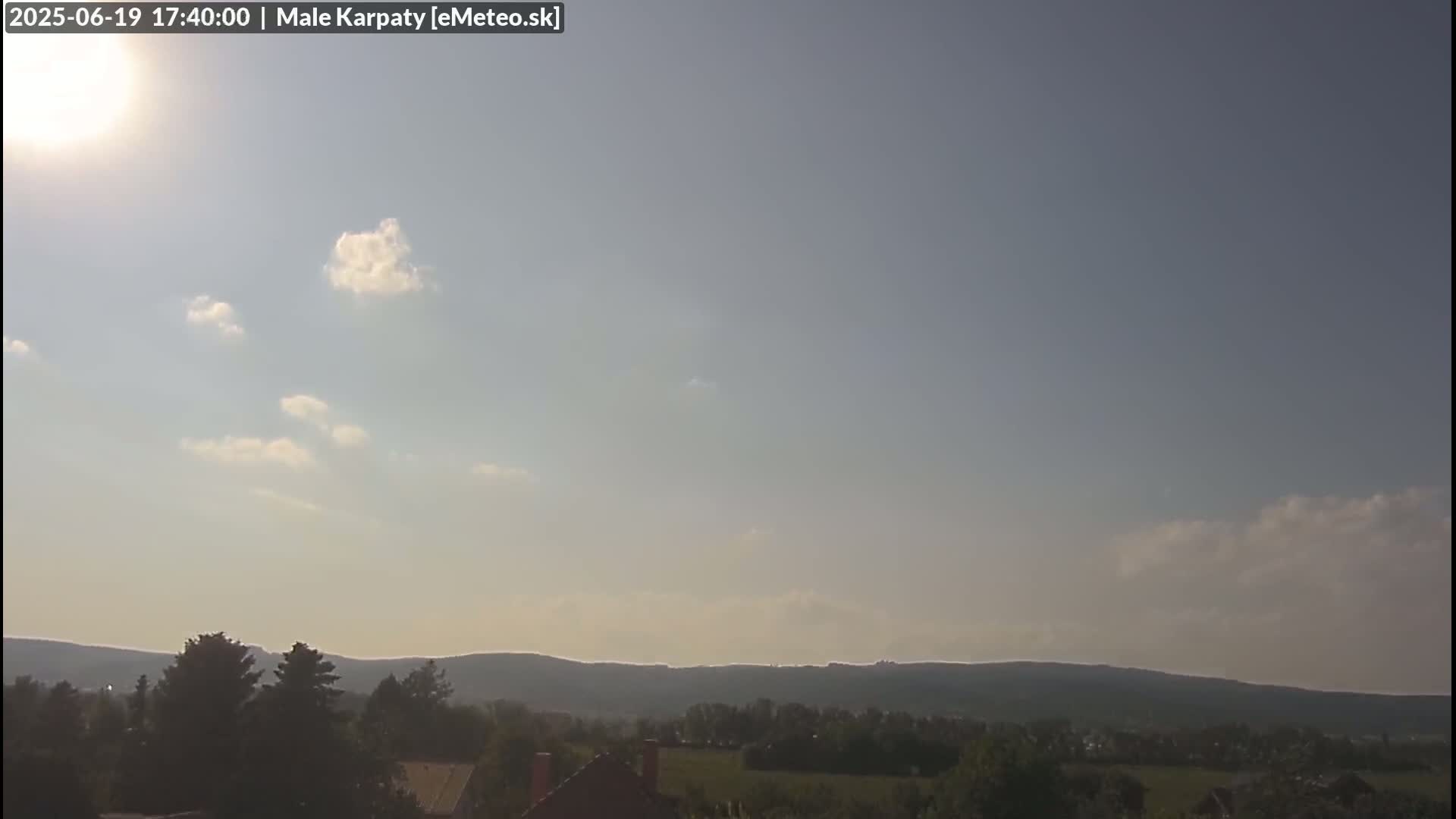 A mostly sunny sky with a few scattered clouds overlooks a landscape of green hills and trees.
