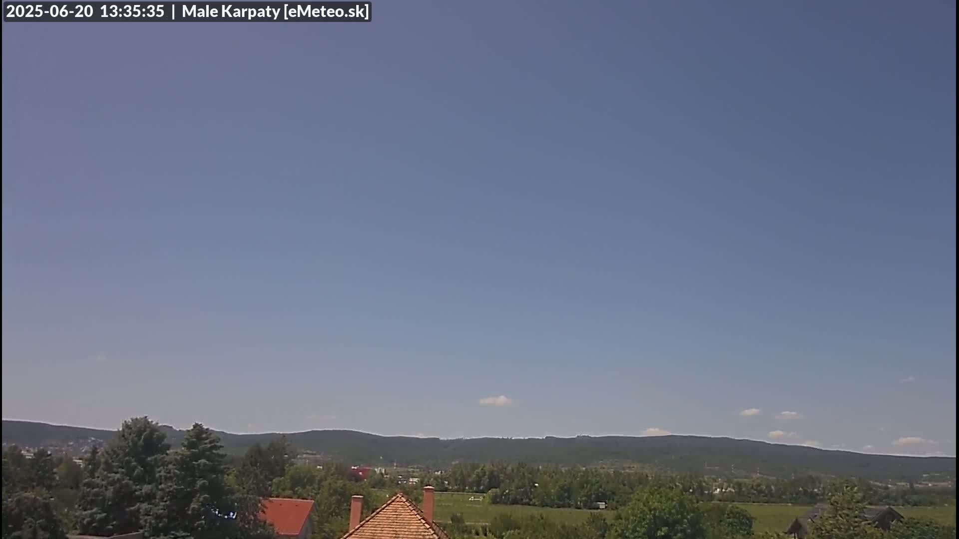 A mostly clear blue sky overlooks a hilly landscape with green trees and a few houses under a mostly clear sky.