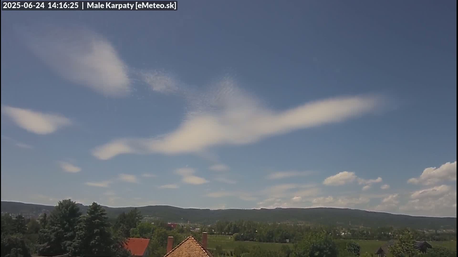 A mostly clear blue sky with wispy, white clouds stretches over a distant mountain range and a tree-lined landscape.