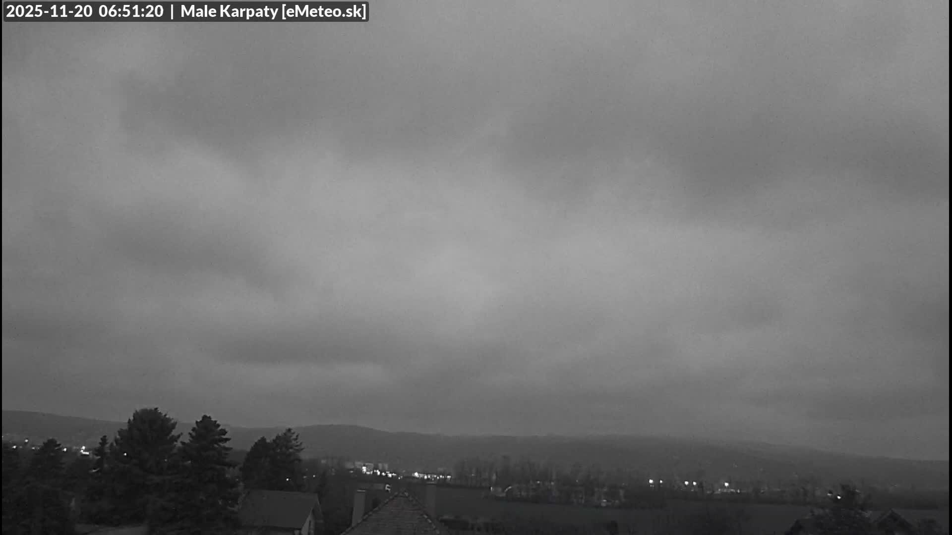 An overcast, gloomy early morning scene overlooks a town with twinkling lights against a backdrop of distant hills, all under a heavily clouded sky.