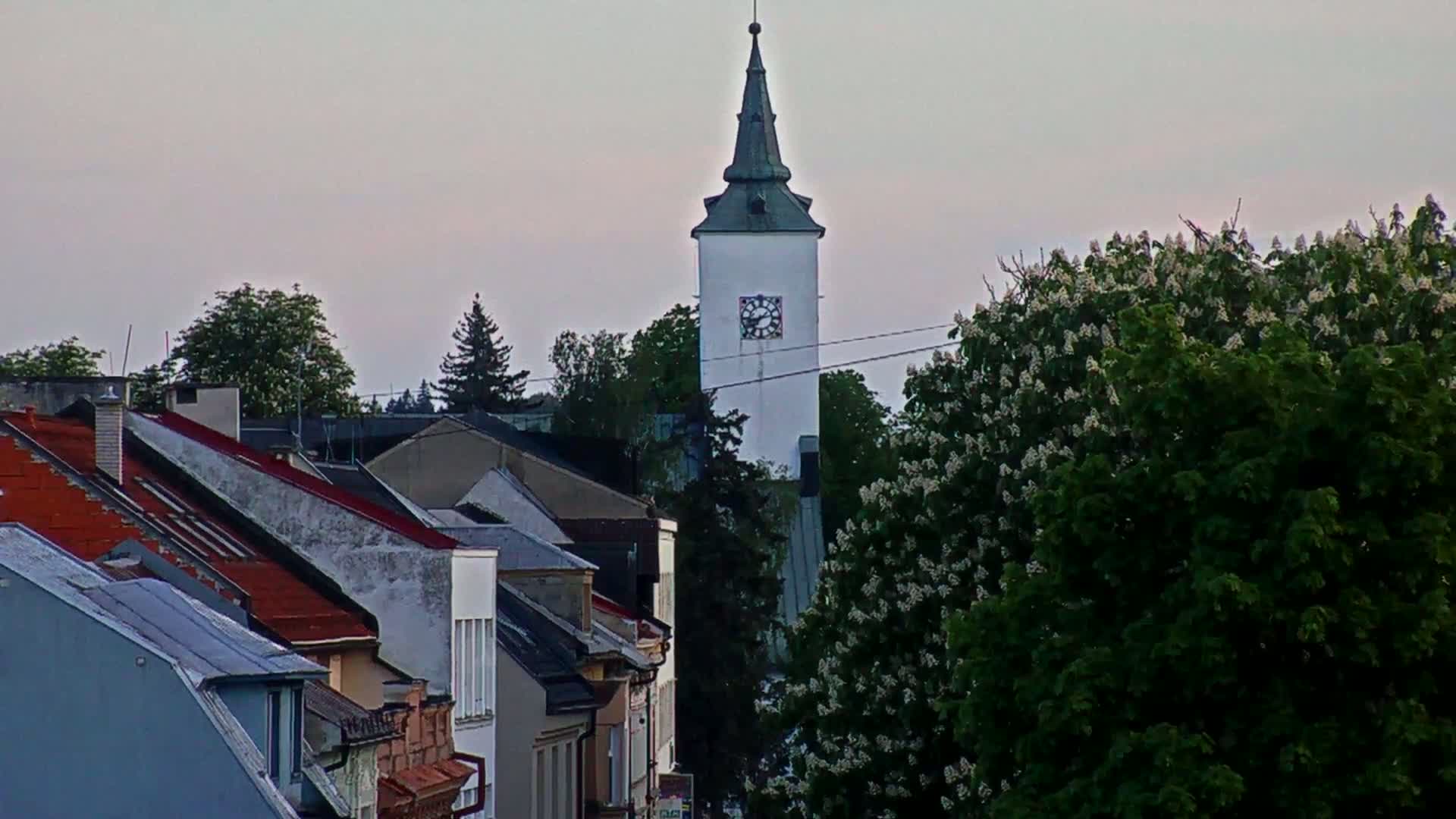 A white clock tower rises above a town of red-roofed houses under a pale, overcast sky.