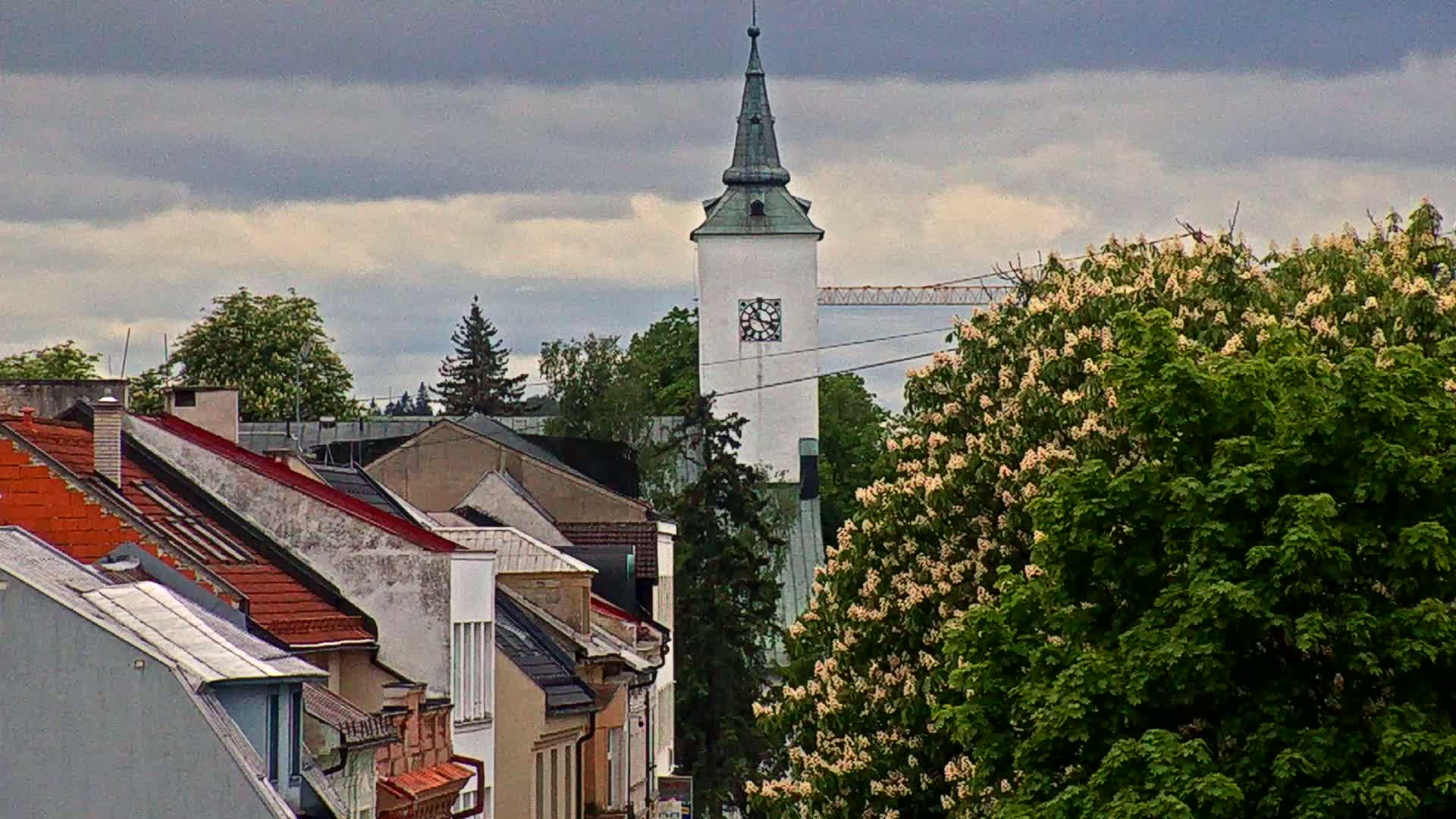 A white clock tower rises above a row of houses with red-tiled roofs, under a cloudy sky; a large tree with white blossoms is in the foreground.
