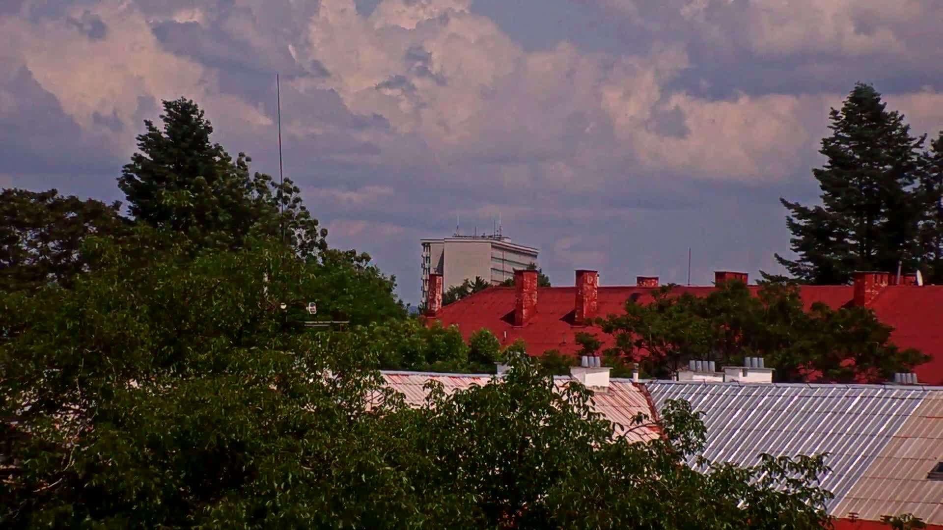 Lush green trees partially obscure a view of red-roofed buildings and a taller, light-grey building in the distance under a partly cloudy sky.