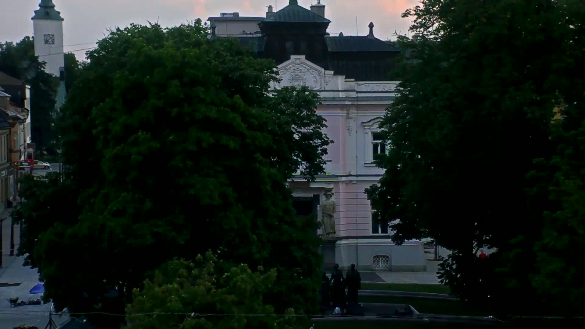 A pink building with a statue in front is partially obscured by lush green trees under a cloudy, dusky sky.