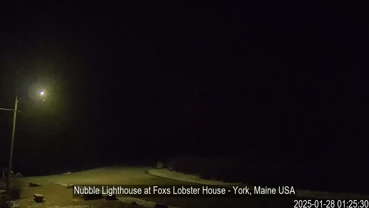 A nighttime, snowy scene shows a dimly lit parking lot and a single lamppost.