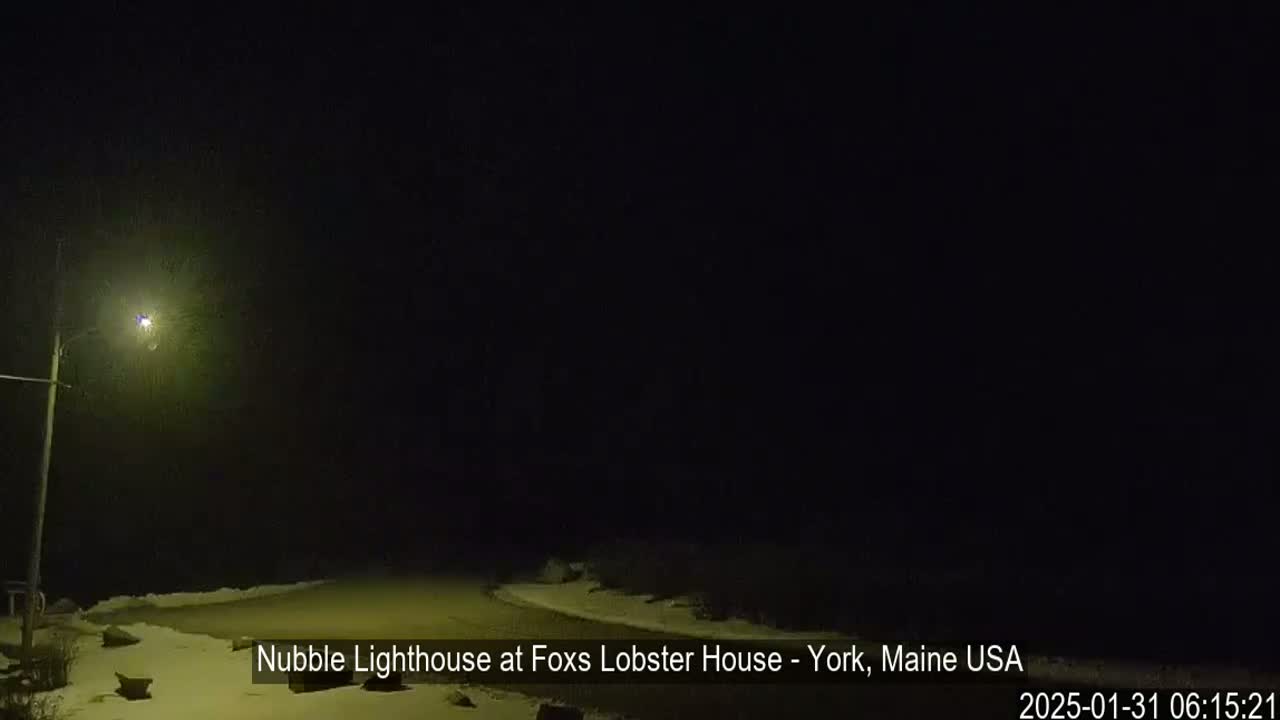 A nighttime scene of a snow-covered area illuminated by a single lamppost.