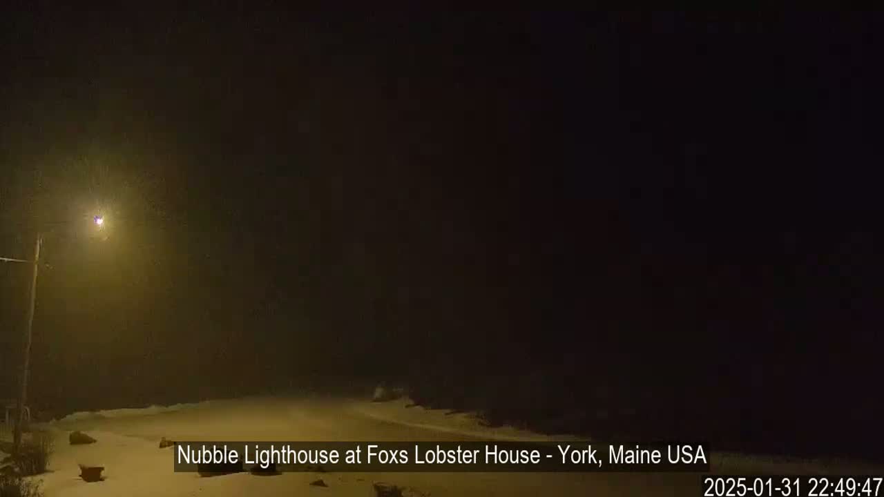 A snow-covered landscape is visible at night under a dark, hazy sky, illuminated by a single streetlight.