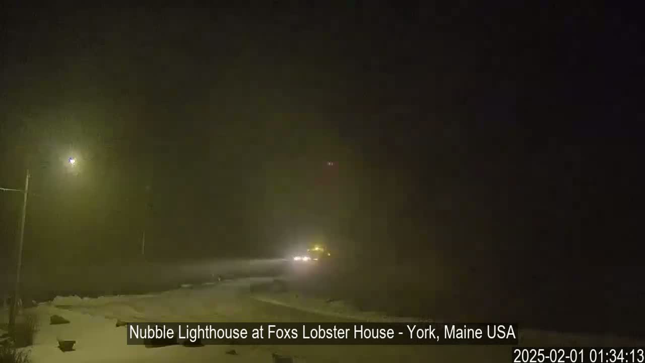 A snow-covered road at night is dimly lit by a streetlight, with a vehicle barely visible in the distance during a heavy snowstorm.