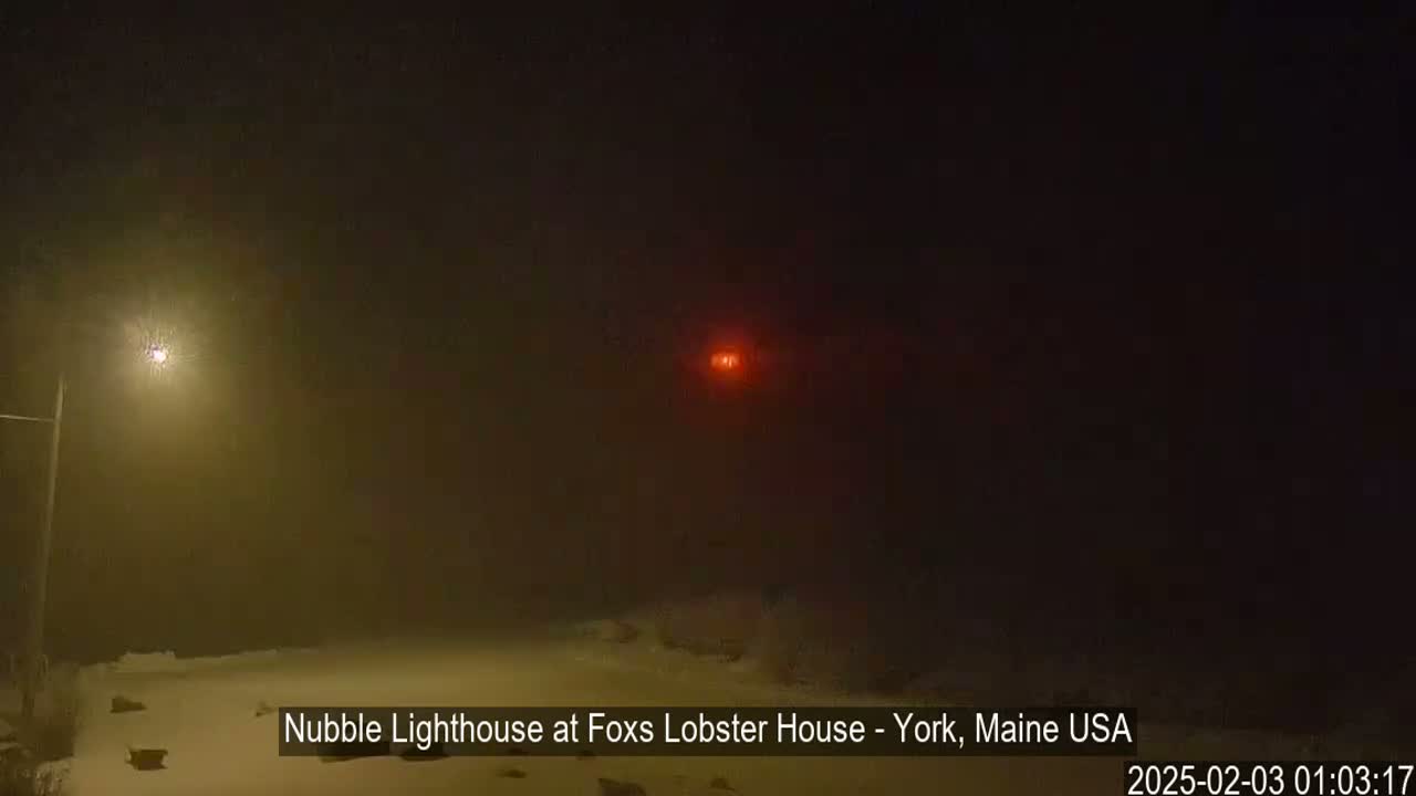 A foggy night scene shows a distant red light, a streetlight, and a snow-covered ground.