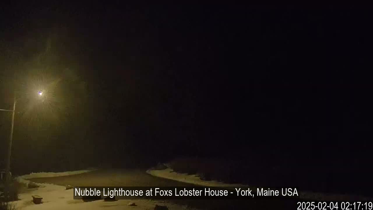 A snow-covered road curves gently to the right under a dark, hazy night sky illuminated by a single streetlight.