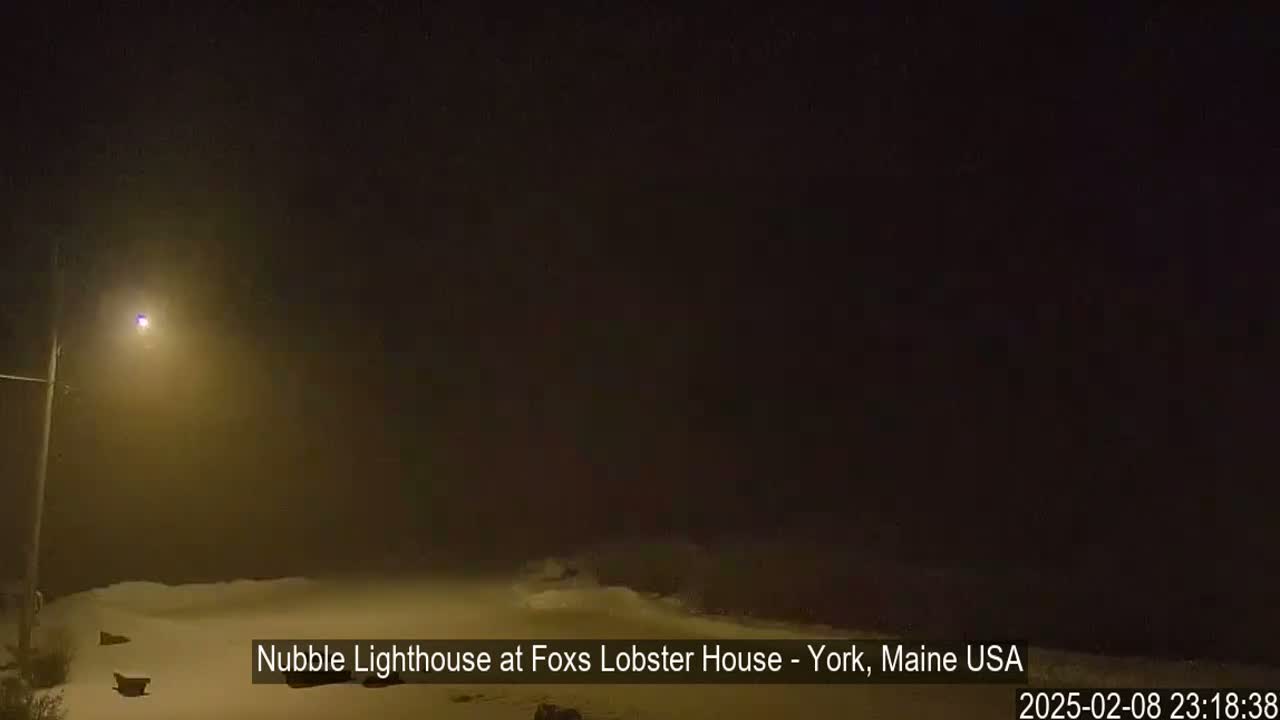 A snow-covered landscape is visible at night under hazy, foggy conditions, illuminated by a single streetlight.