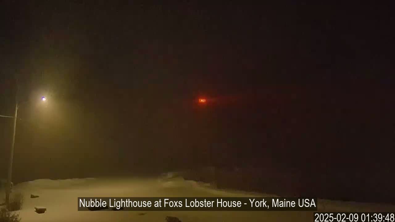 A distant lighthouse glows red in the snowy night, illuminated by a nearby streetlight under hazy conditions.