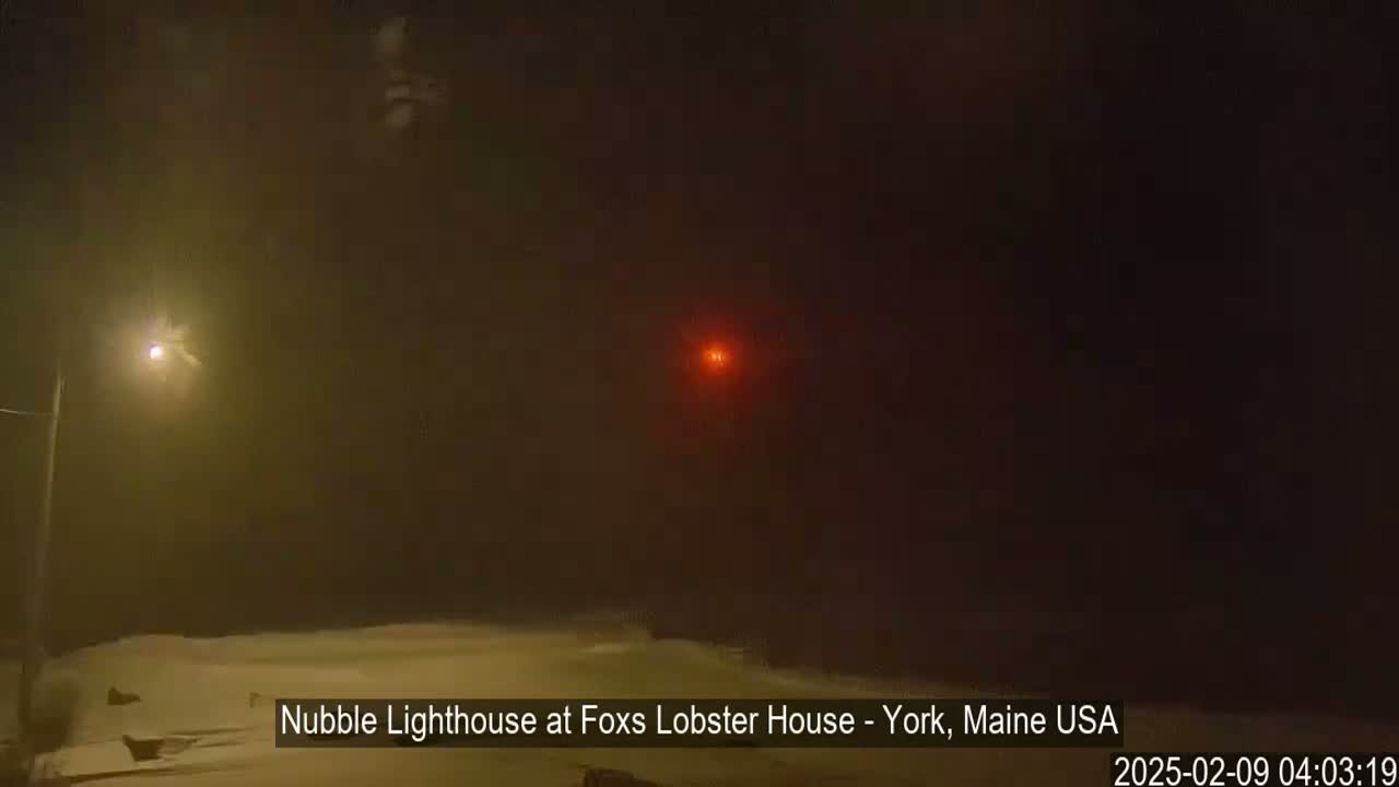 A dimly lit snowy scene at night, with a faint red light in the distance and a streetlight illuminating a hazy atmosphere.
