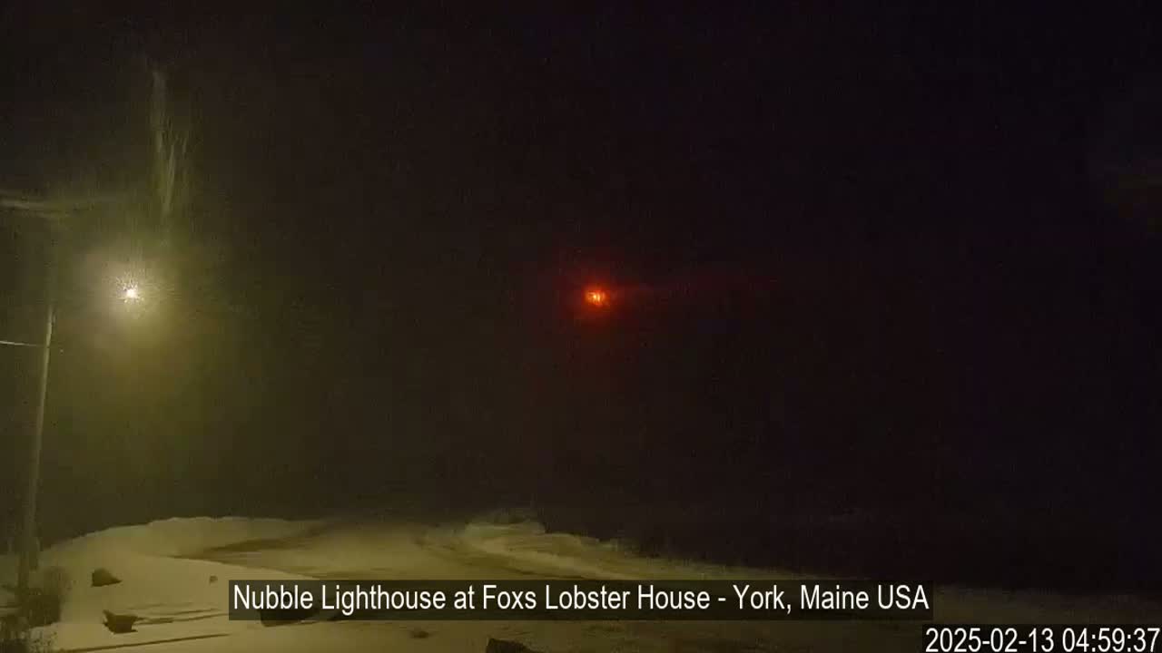 A nighttime snow scene shows a distant red light, a streetlight, and snow-covered ground.