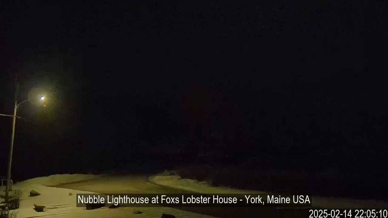 A snow-covered landscape is visible at night under a dark sky illuminated only by a single streetlight.