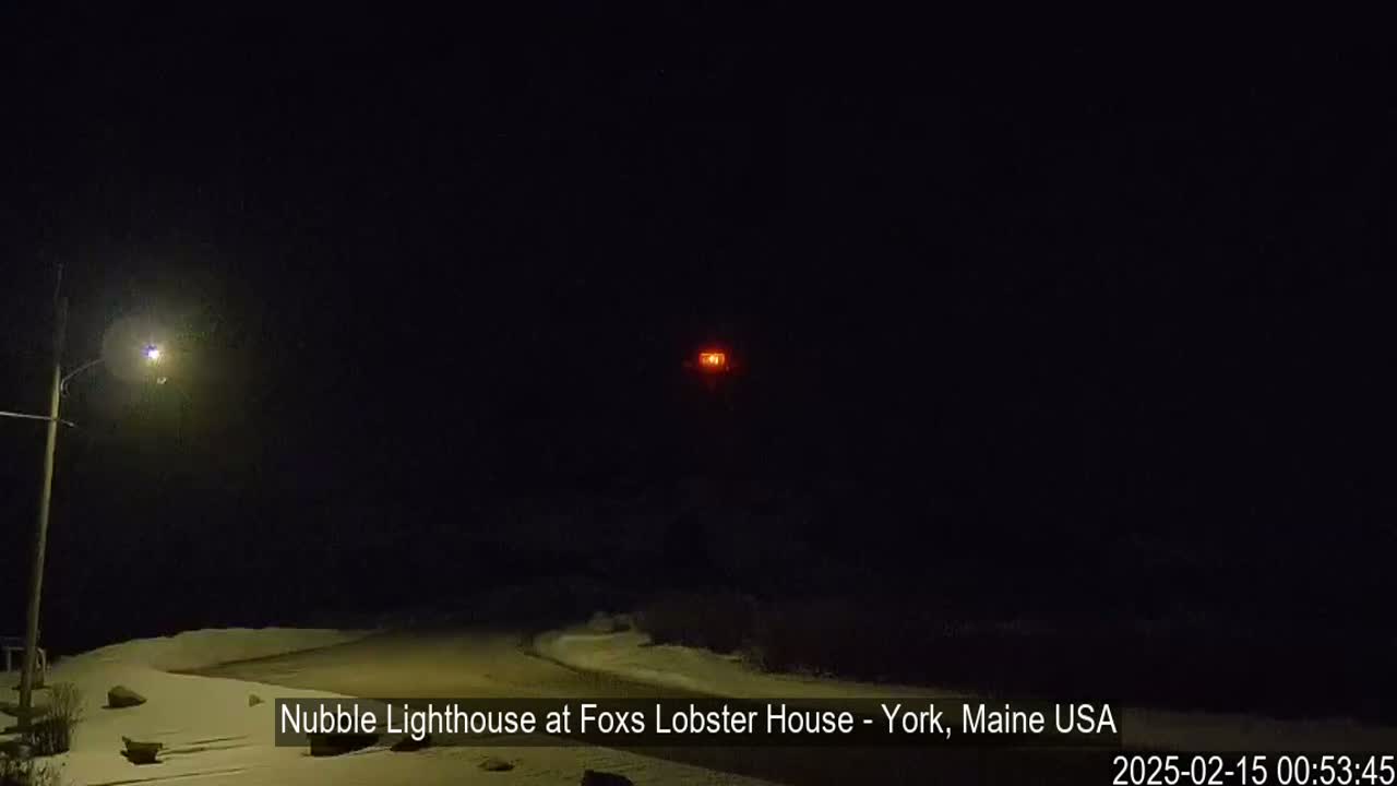 A snow-covered area at night is illuminated by a streetlight and a distant, lit lighthouse.
