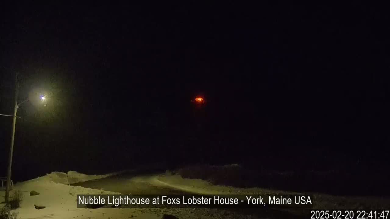 A nighttime, snowy scene shows a distant red light, possibly a lighthouse, and a lit street lamp in the foreground.