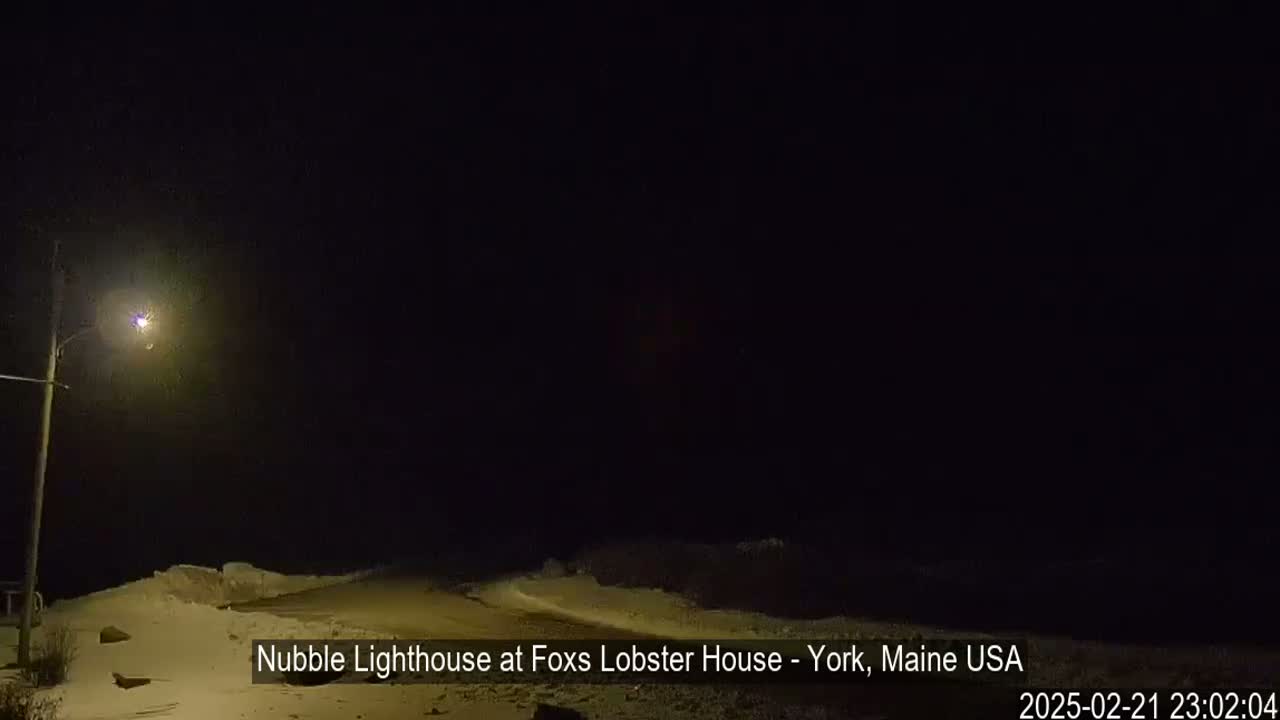 A snow-covered road is illuminated by a single streetlight at night.