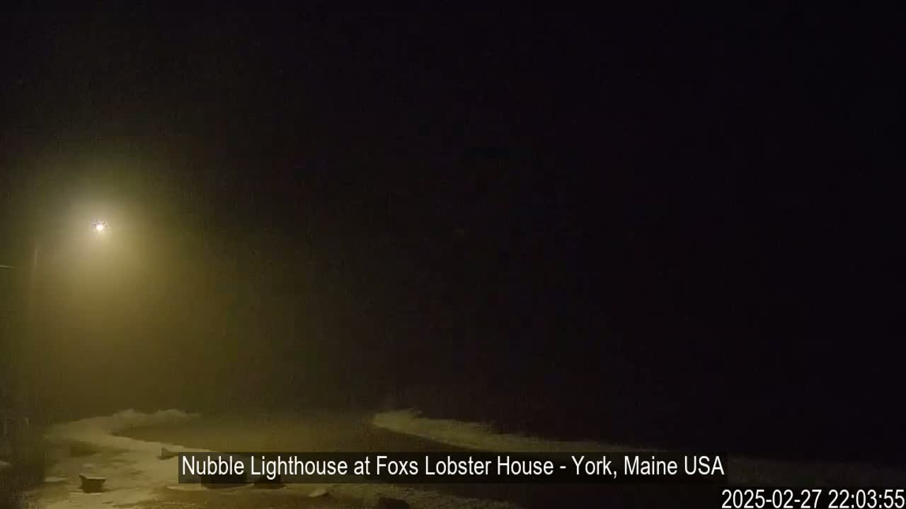 A foggy nighttime coastal scene shows dark water with waves breaking on a shoreline near a single lit lamppost.