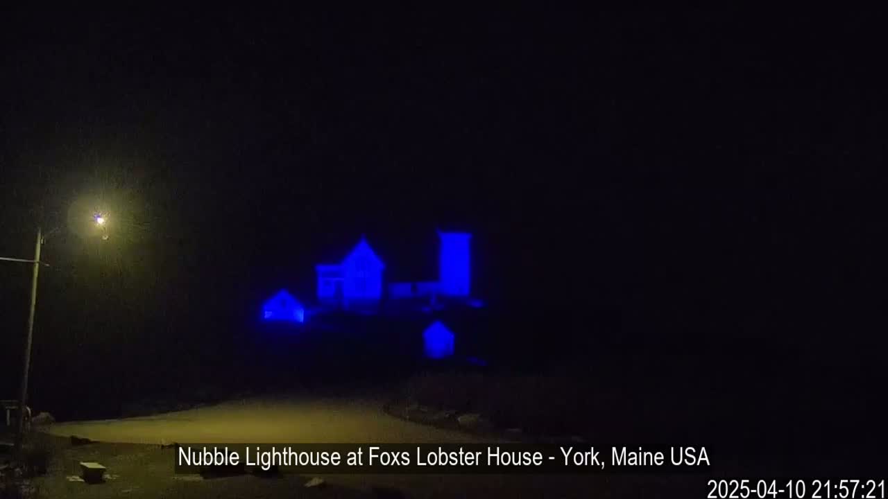 A lighthouse and adjacent buildings are illuminated in blue at night in hazy conditions.