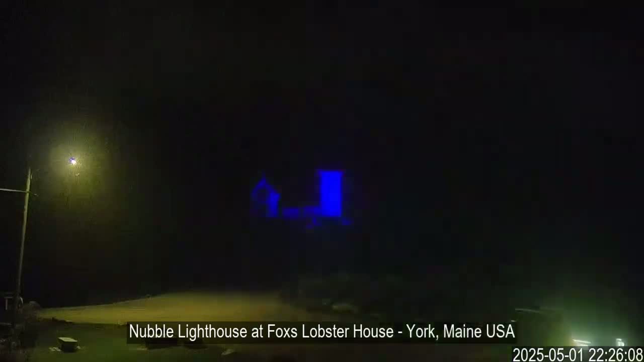 A lighthouse, illuminated in blue, is visible at night in foggy conditions.