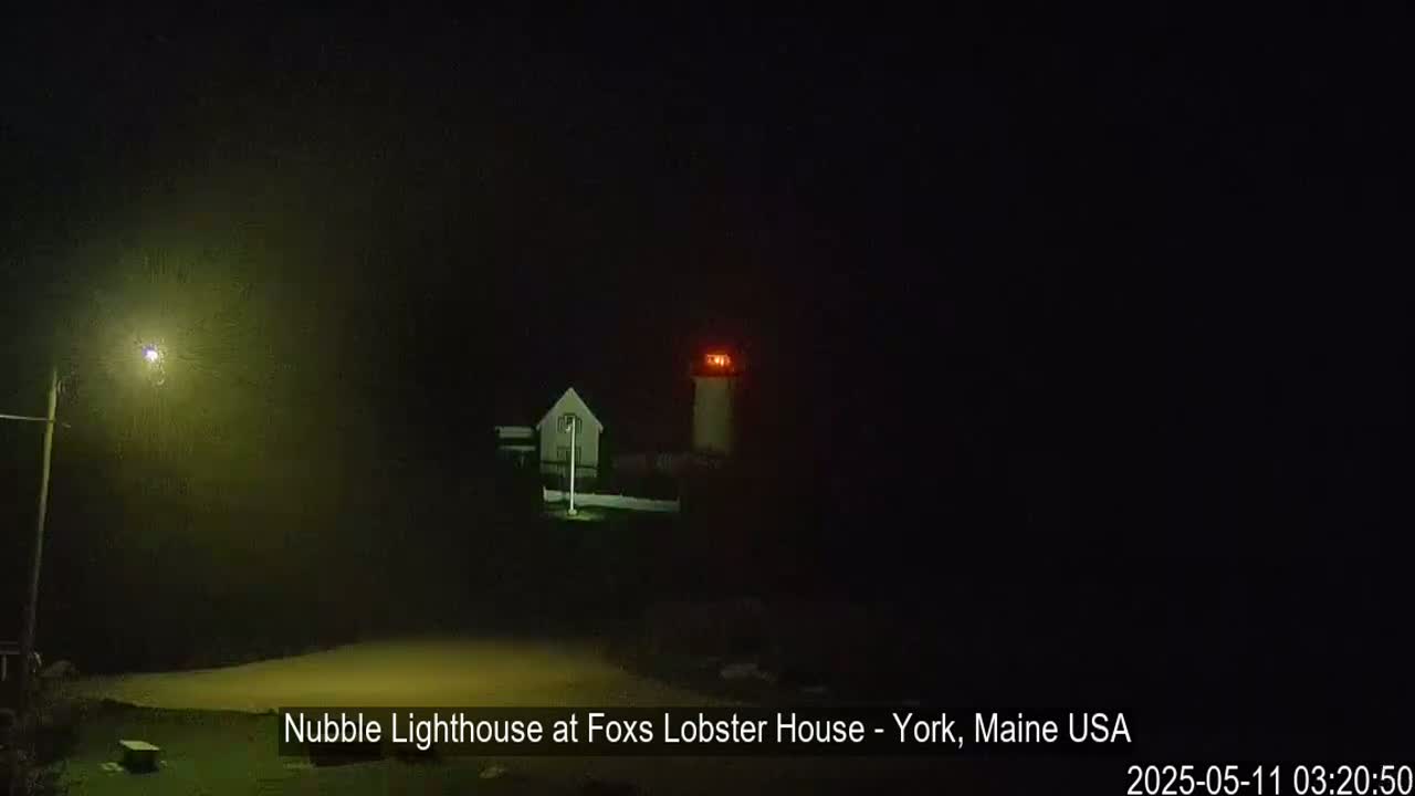 A lighthouse with a red light is visible at night in foggy conditions.