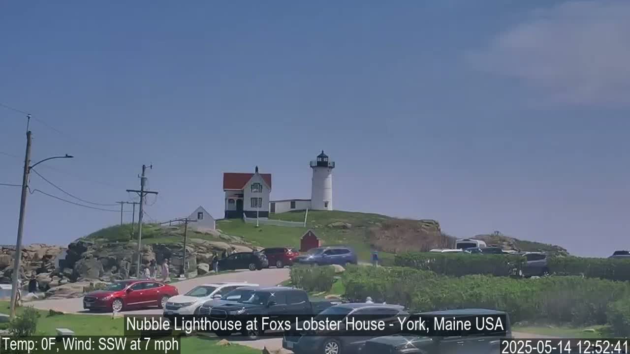 A lighthouse and accompanying building sit atop a rocky hill overlooking a parking lot filled with cars on a sunny day with a light south-southwesterly wind.