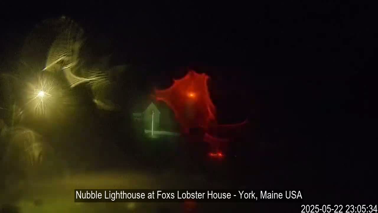 A lighthouse glows red through a blurry, dark nighttime scene with a bright light source in the foreground.