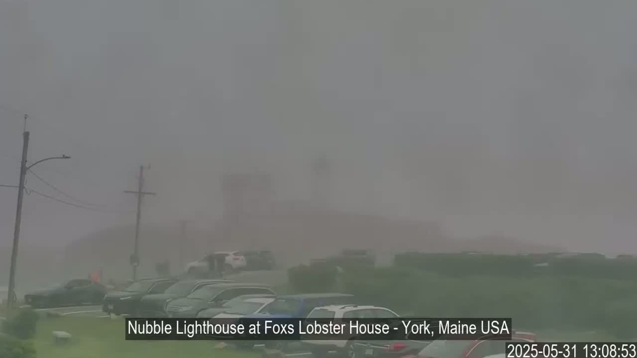 A parking lot with several cars is barely visible through heavy fog.