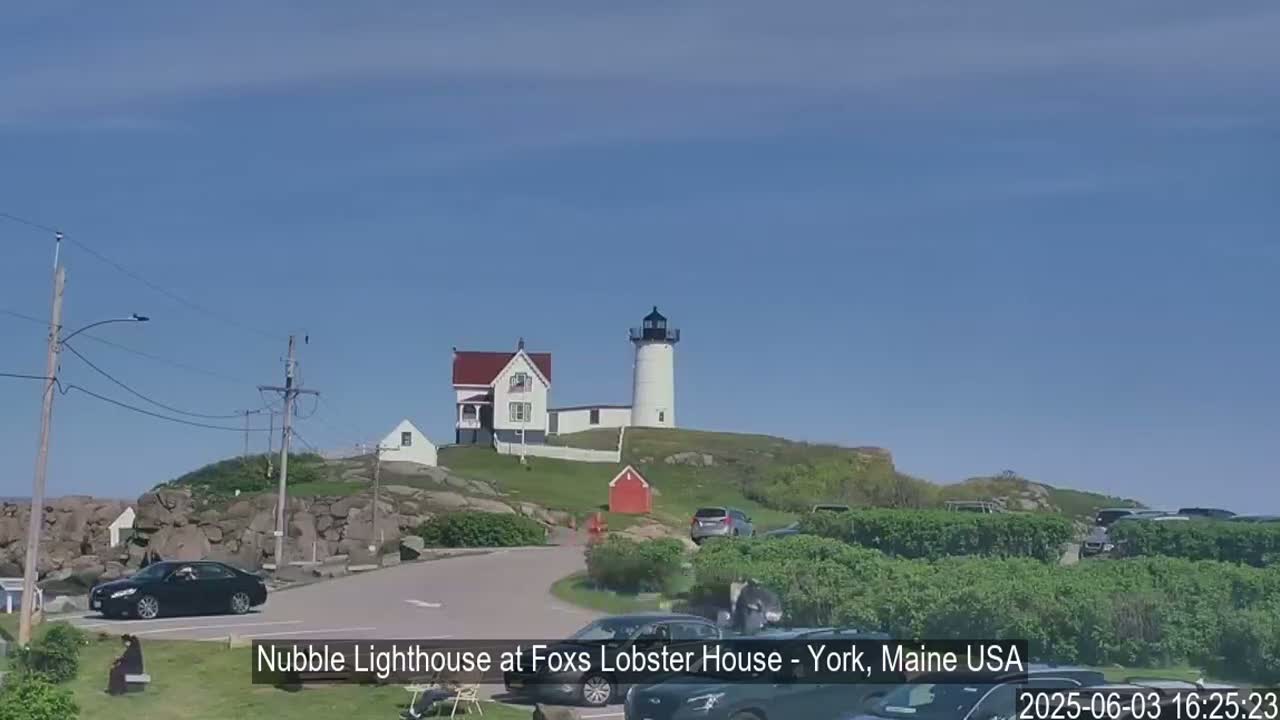 A white lighthouse sits atop a rocky hill overlooking a parking lot filled with cars under a clear blue sky.