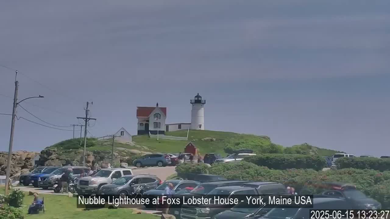 A lighthouse and a smaller building sit atop a grassy hill overlooking a parking lot filled with cars, under a mostly clear sky.