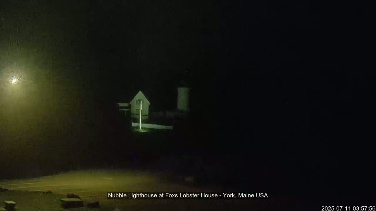 A dimly lit lighthouse is visible at night in foggy conditions.