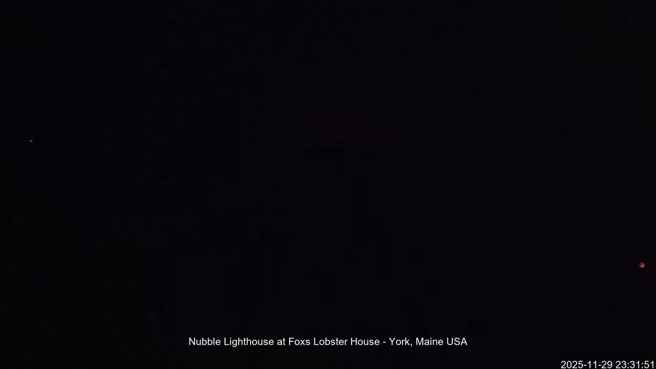 An outdoor scene is visible under conditions of extreme darkness, featuring only a tiny, faint reddish light on the far right.