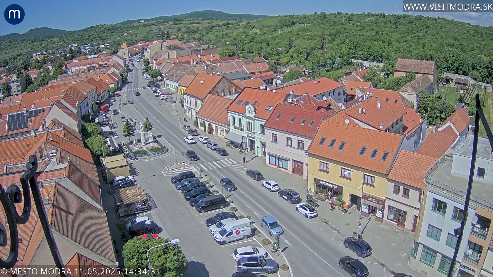 An aerial view shows a town square with parked cars and several low buildings under a sunny sky.