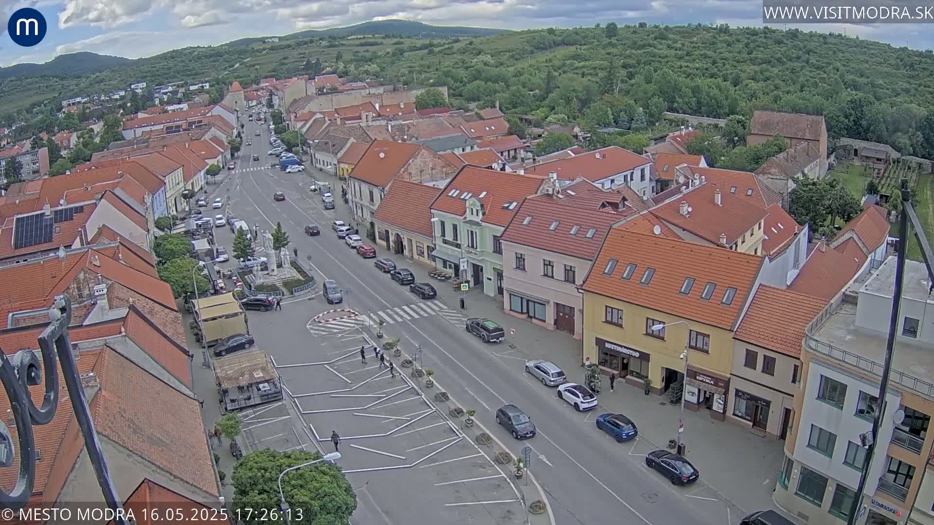 An aerial view of a town square on an overcast day, showing a main street lined with buildings and cars parked along the sides, with a few people walking about.
