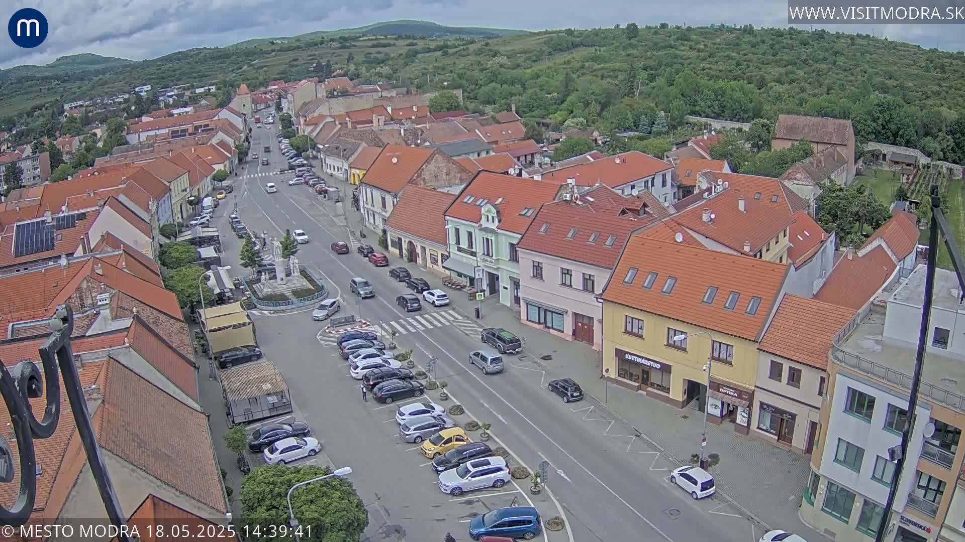 An aerial view of a town square and street, showing parked cars and buildings under partly cloudy skies.