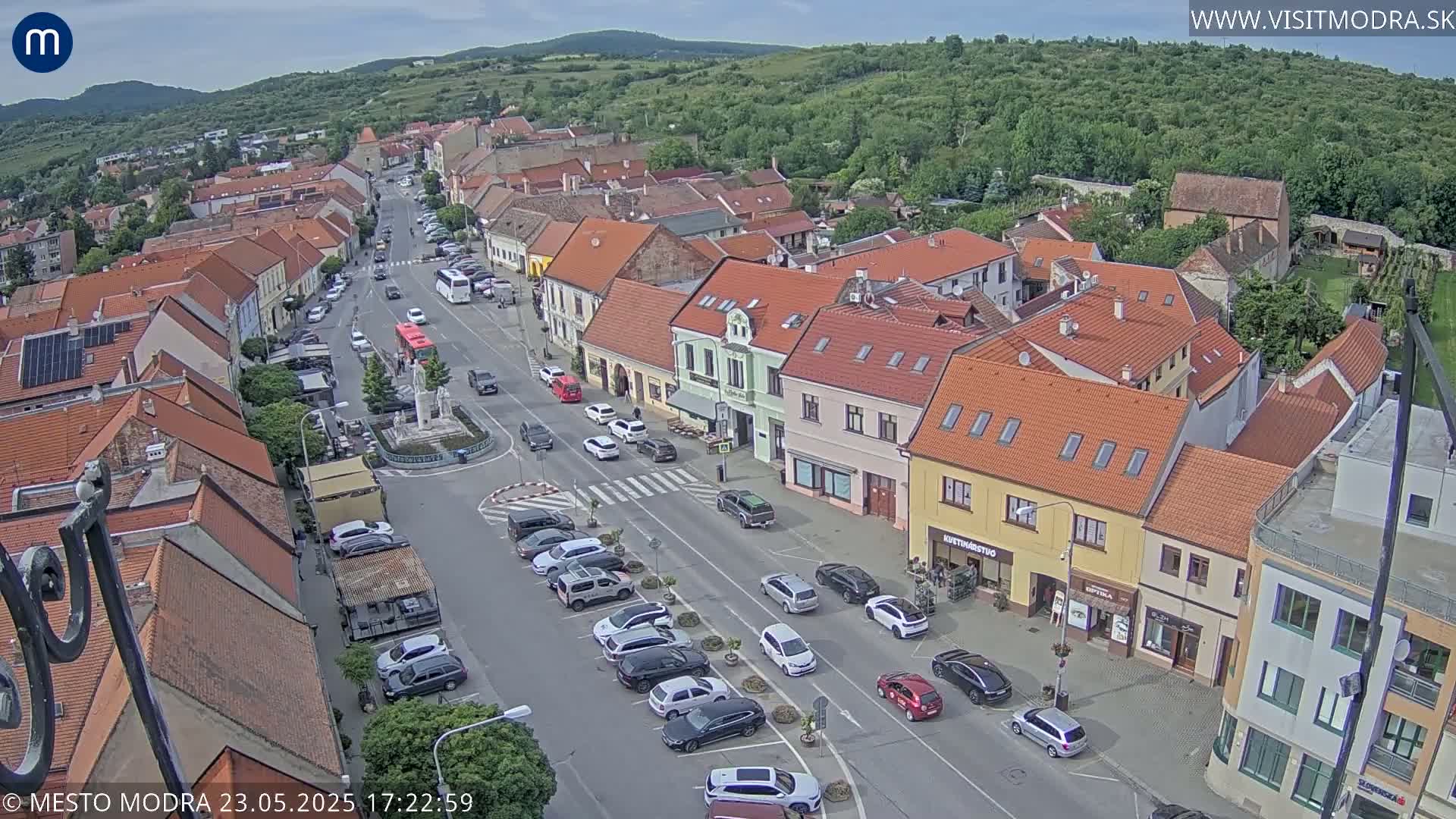 An aerial view of a town square with parked cars lining a street, under a partly cloudy sky.
