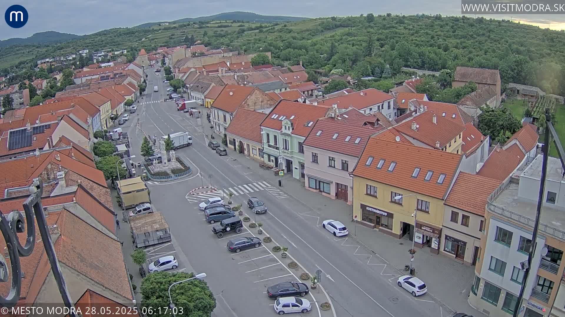 An aerial view shows a town square with parked cars and buildings under an overcast sky.