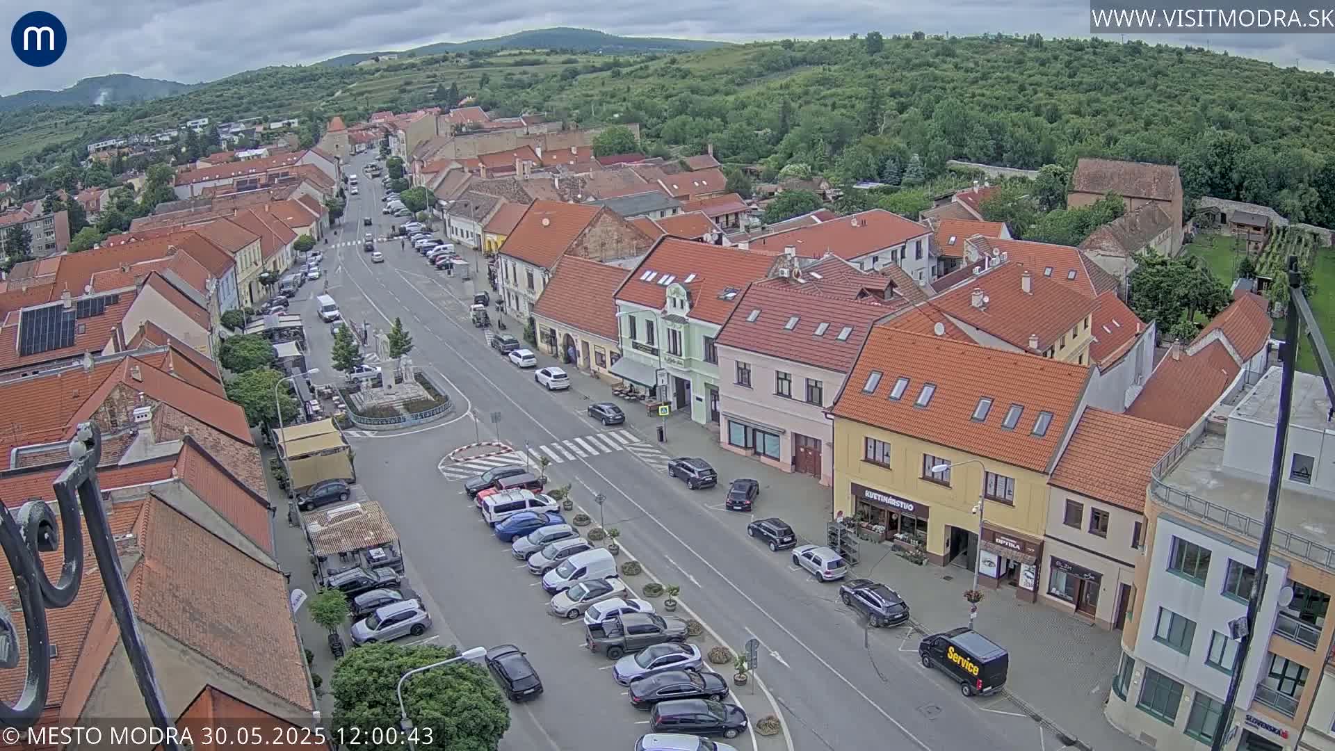 An aerial view of a town square and surrounding buildings on an overcast day, with cars parked along the streets and a few people visible.