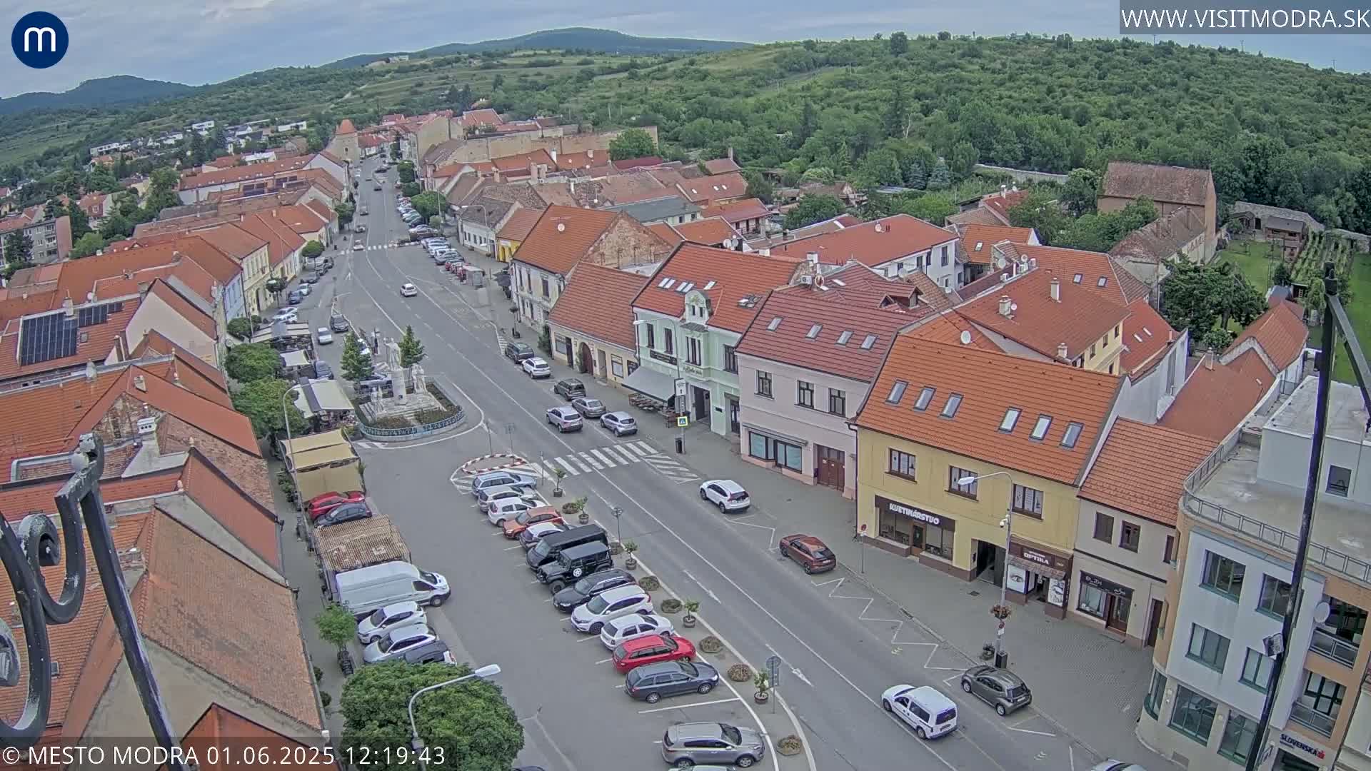 An aerial view shows a town square with parked cars and buildings under an overcast sky.