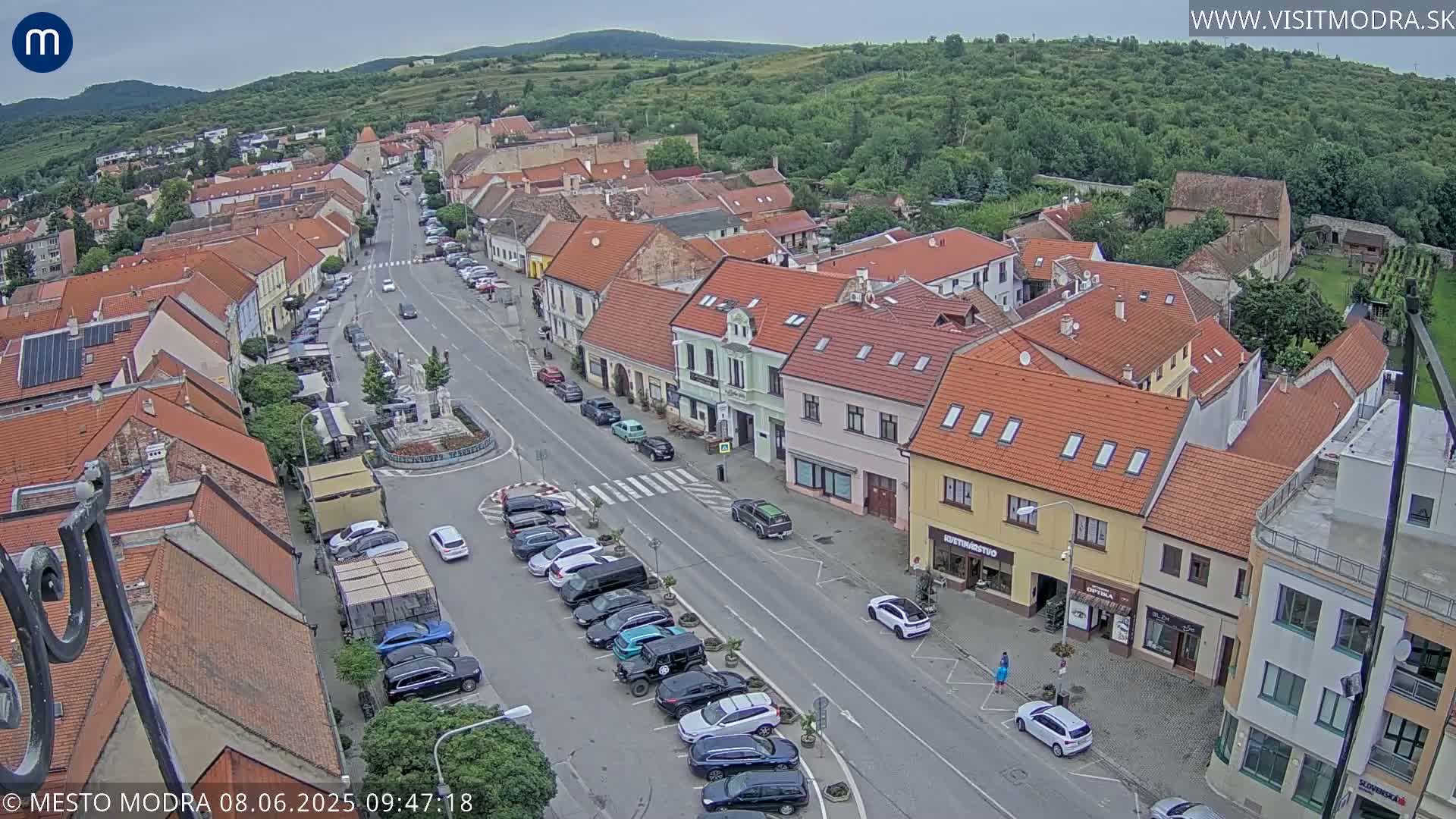 An aerial view shows a town square with parked cars and buildings under a partly cloudy sky.