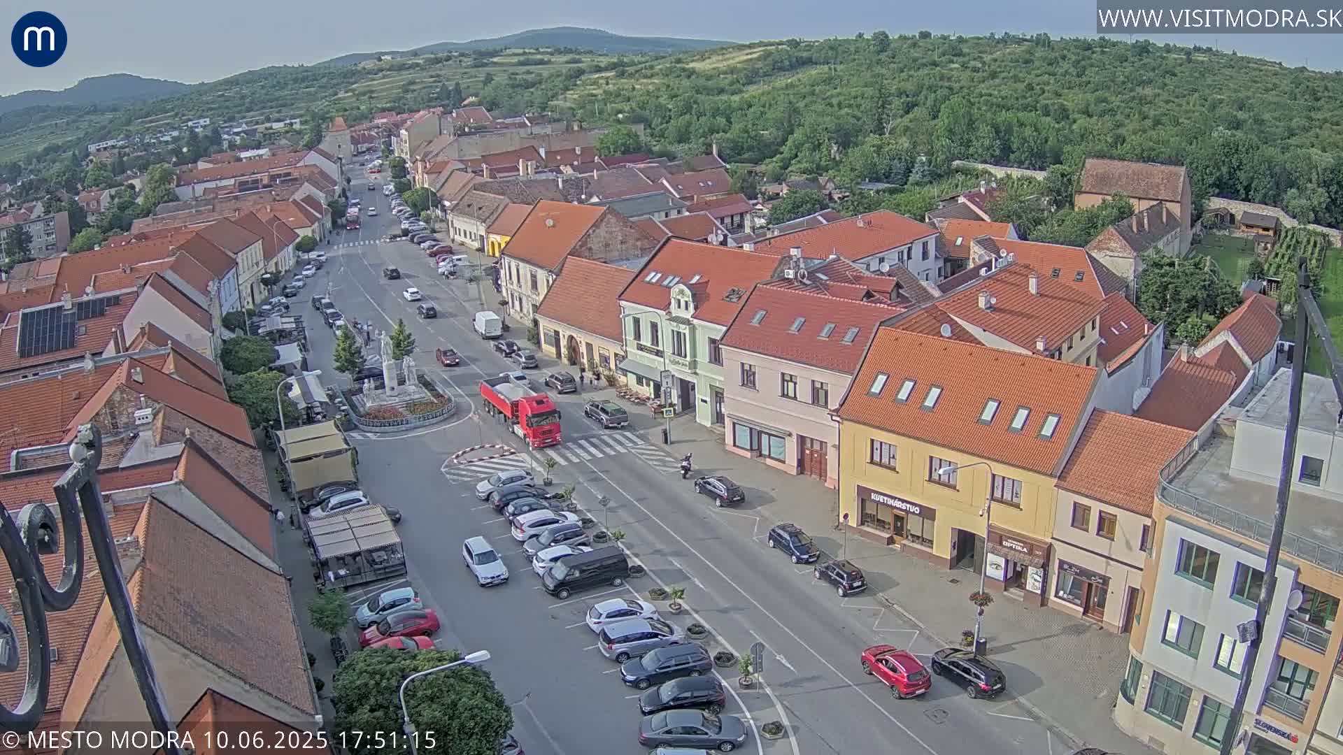 An aerial view of a town square with parked cars and buildings under a partly sunny sky.